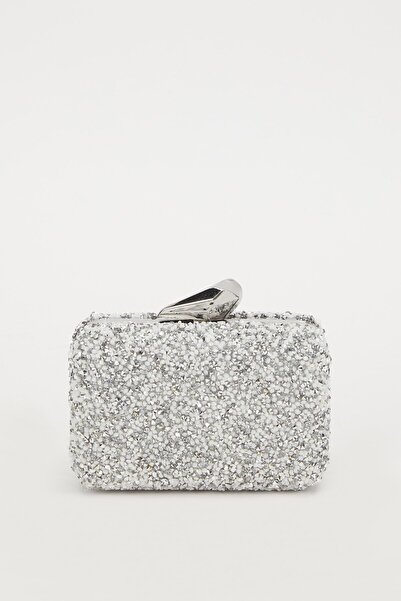 Levidor Mini Gümüş Beyaz Kare Taşlı Abiye El Çantası