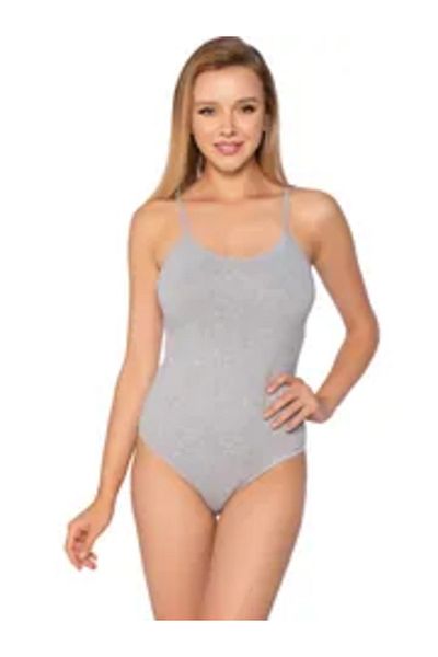 Pi Giyim 6 Pieces Gray Women's Bodysuit with Snap Fasteners - Rope Strap Bodysuit