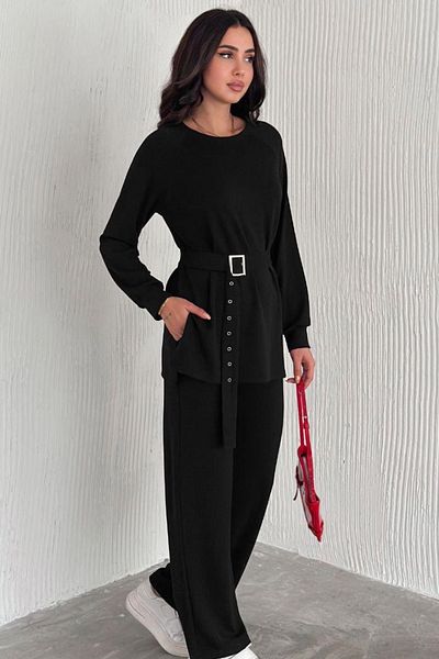 Ded COLLECTION Set de pantaloni largi, tunică cu mânecă lungă, cu centură din material modal pentru femei