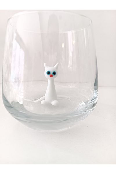 ADAMODART White Sitting Cat Glass Figured Water Cup