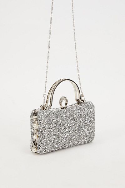 Levidor Mini Silver Stone Embroidered Handle Evening Dress Hand Bag