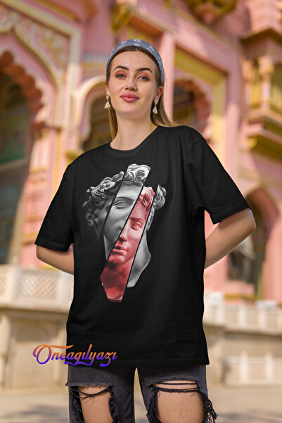 oneagılyazı تي شيرت كبير الحجم مطبوع عليه تمثال