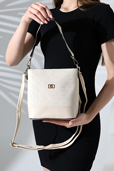 Encool Krem Kova Model Baskılı-dokulu Kadın Çanta Tek Gözlü Çapraz Askılı Omuz Ve El Çantası Şık Modern
