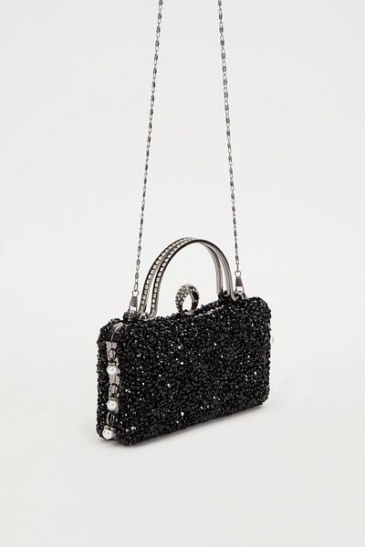Levidor Black Stone Embroidered Handle Evening Dress Hand Bag