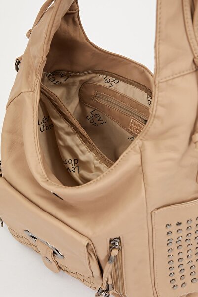 Levidor Κρεμ τσάντα ώμου με στίπτες στα πλαϊνά