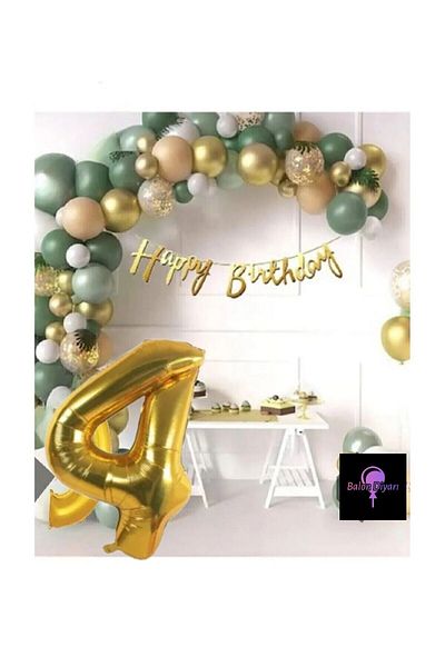 BALON DİYARI 50 Pieces Balloon Luxury Pink Mold Green Gold 4 Year Balloon Set
