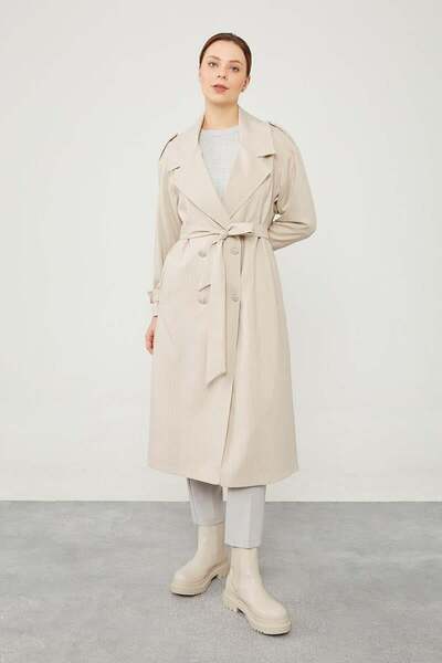 Levidor Bej Çizgili Desen Kuşak Kapamalı Trençkot