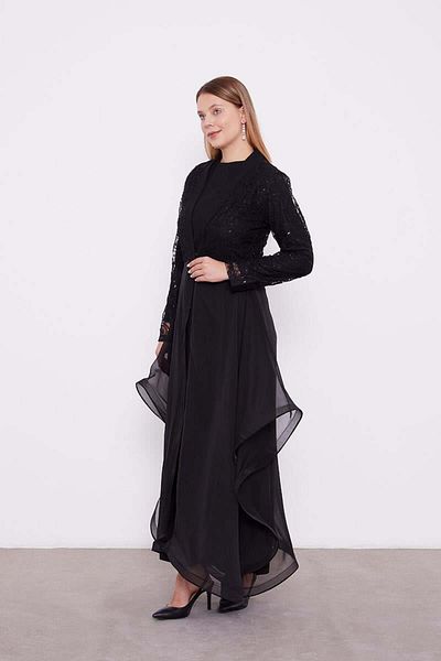 Levidor Black Abaya Top Garnished Asymmetrical Hem Ferace