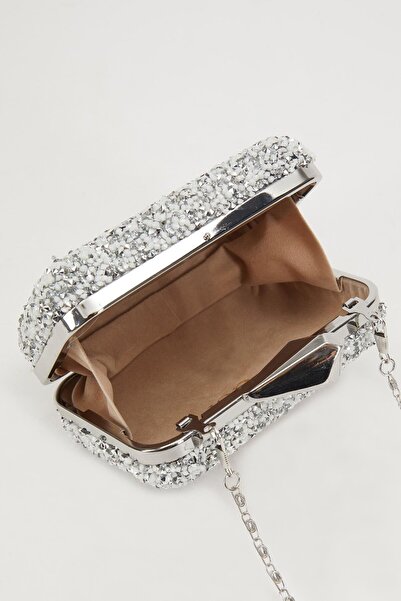 Levidor Mini Gümüş Beyaz Kare Taşlı Abiye El Çantası
