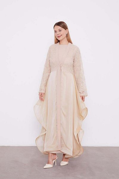 Levidor Beige Abaya Top Garnished Asymmetrical Hem Ferace