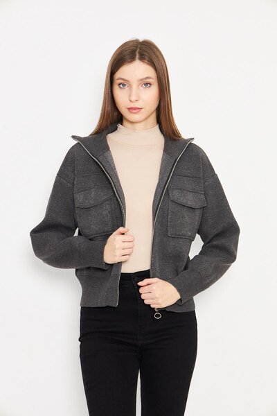 Irmak Kerekli Women's Steel Knit Zippered Knitwear Coat Women's Coat 4309 Ant...