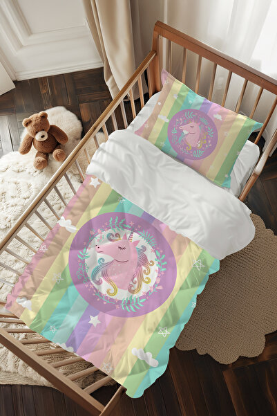 Talia Home Çok Renkli Unicorn Desenli Bebek Beşik Uyku Seti TLABG-121