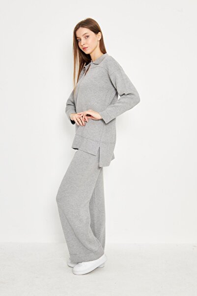 Irmak Kerekli Gray Polo Neck Women's Knitwear Set - Bottom and Top Set 1307