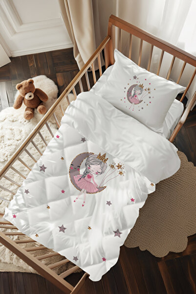Talia Home Beyaz Ay'da Oturan Kız Desenli Bebek Beşik Uyku Seti TLABG-085