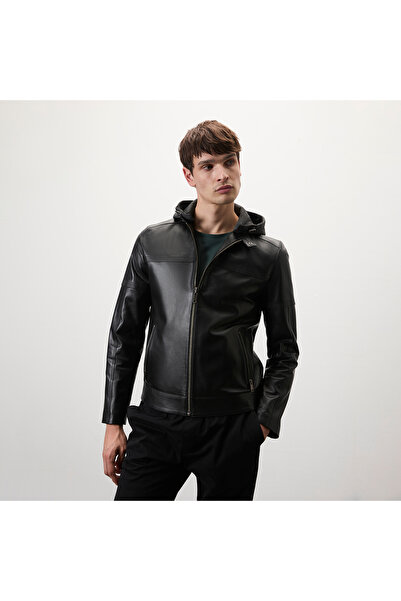 Desa Selino Siyah Erkek Kapüşonlü Deri Mont