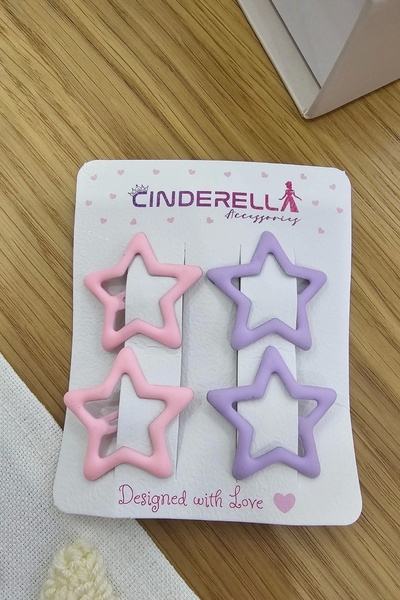 Cinderella 4'lü Kaplamalı Mat Mor & Koyu Pembe Yıldızlı Çıtçıtlı Toka Seti - ...