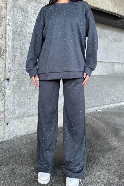 Ded COLLECTION Kadın Alt Üst Taş Detaylı Bisiklet Yaka Uzun Kollu Bol Paça Şık Rahat İkili Takım