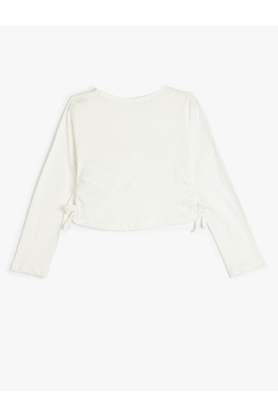 Koton New Season Crop T-Shirt Side Gathered Tie-Up Long Sleeve Crew Neck Cotton