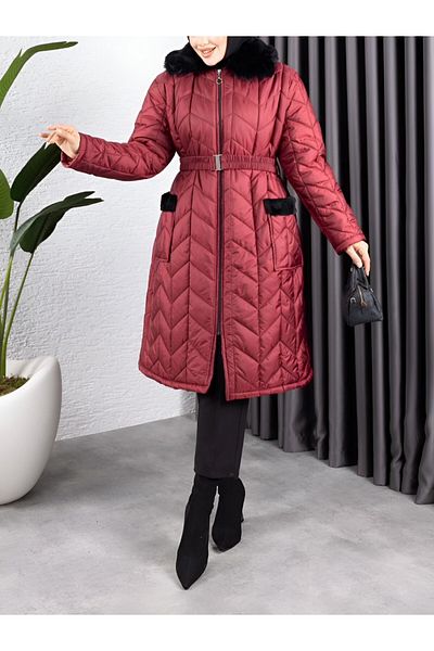 Modamorfo Burgundy Quilted Coat - Fur Collar with Belt and Pockets