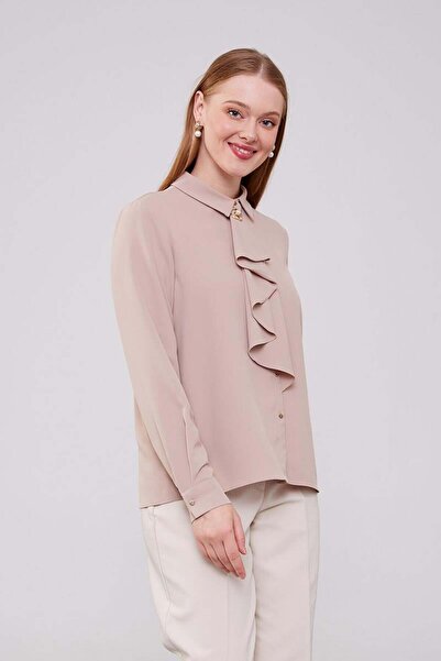 Levidor Κόκκινο μπεζ μπλούζα με καρό μαντήλι και λεπτομέρεια καρφίτσας