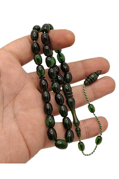 Han Ticarethane Луксозни кехлибарени молитвени мъниста с изрязан зелен варел