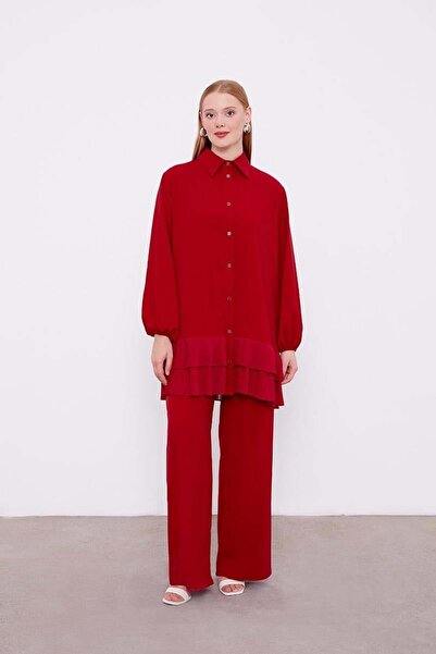 Levidor Bordo Eteği Pileli Gömlek Yaka Tunik Takım