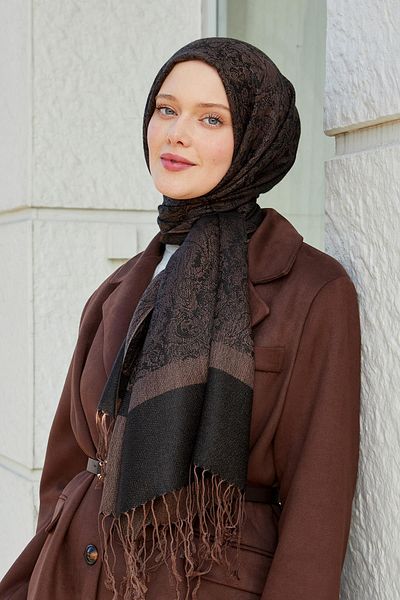Levidor Bitter Brown Tasseled Ethnic Cashmere Silk Shawl