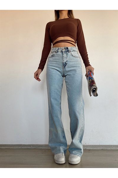 LİMABEL Santa 90's Light Blue High Waist Palazzo Wideleg Jean Women's P Lycra Women's Gathering Jeans