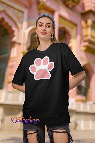 H&GHAMLEGİYİM Pink Paw Printed Oversize T-Shirt