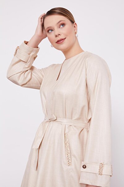 Levidor A.Beige Embroidered Melange Kimono Triple Suit