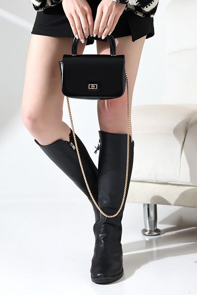 Encool Black Small Box with Gold Chain Strap - Women's Hand and Shoulder Bag, Evening and Day Use