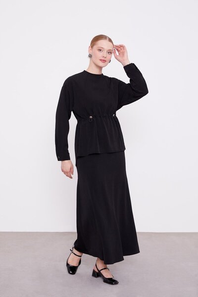 Levidor Black Gathered Waist Pleated Skirt Set