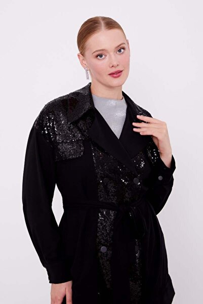 Levidor Black Sequin Embroidered Belt Tie down Jacket Set