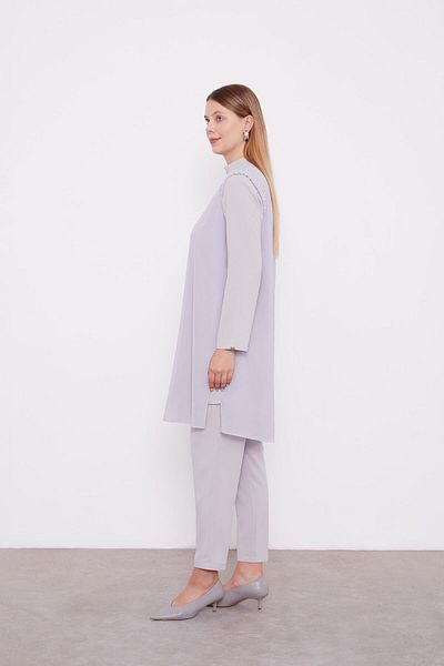 Levidor Gray Chiffon Shoulder Embroidered Double Suit