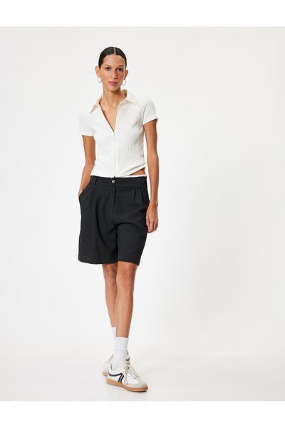 Koton Cotton Polo Collar Textured T-Shirt - Half Zipper, Short Sleeve