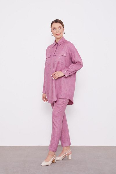 Levidor Plum Stone Embroidered Melange Shirt Double Set