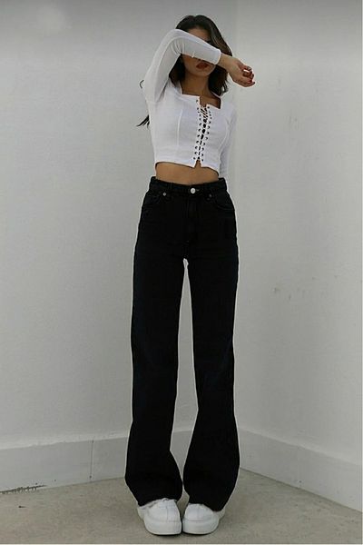 LİMABEL Santa 90's Black High Waist Palazzo Wideleg Jean Women's P Lycra Women's Gathering Jeans