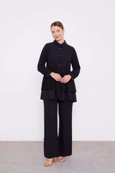 Levidor Black Chiffon Pleated Shirt Double Set