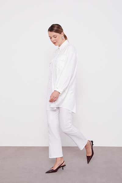 Levidor Ecru Stone Embroidered Melange Shirt Double Set
