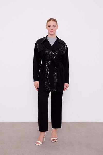 Levidor Black Sequin Embroidered Belt Tie down Jacket Set