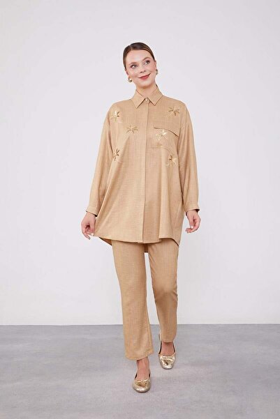 Levidor K.Beige Sequin Embroidered Lake Collar Double Set