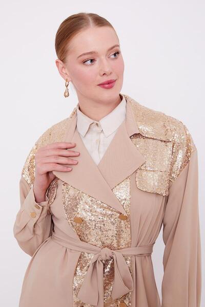 Levidor K.Bej Payet İşlemeli Kuşak Bağlamalı Ceket Takım