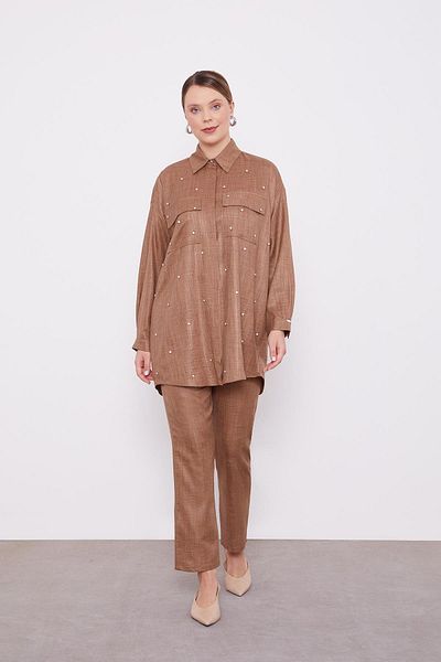 Levidor Latte Stone Embroidered Melange Shirt Double Set