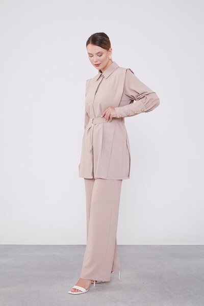 Levidor K.Beige Belt Detailed Chiffon Double Set