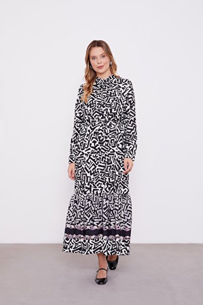 Levidor Black-Mink Geometric Pattern Flounce Dress