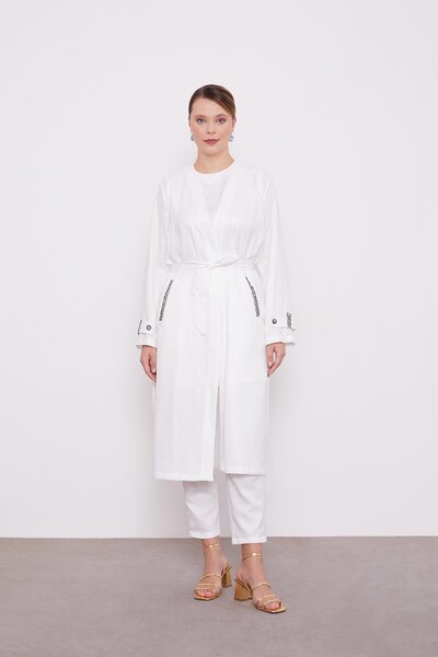 Levidor Τριπλό Σετ Κιμονό Μελανζέ Κεντημένο σε Εκρού