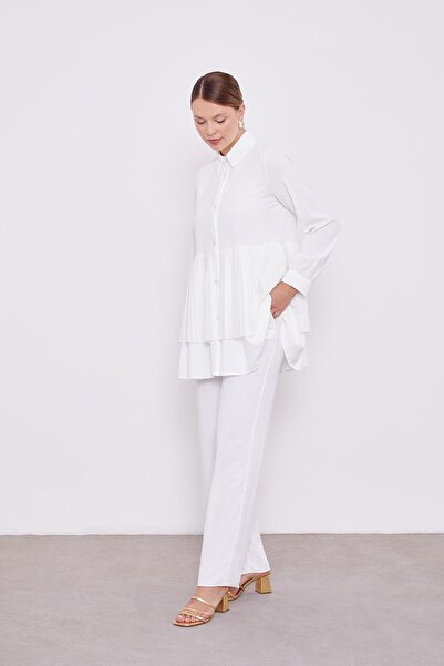 Levidor Ecru Chiffon Pleated Shirt Double Set
