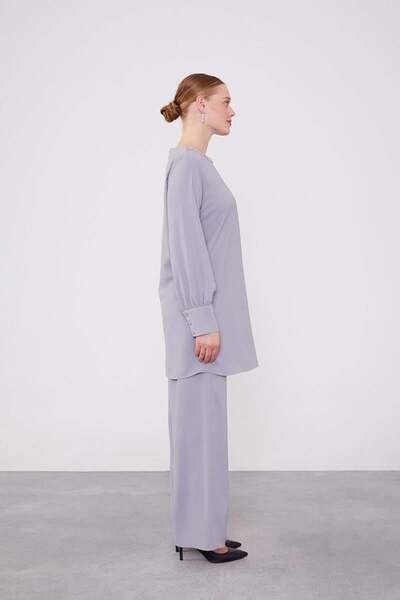 Levidor Gray Chiffon Tunic Suit with Stone Embroidered Collar