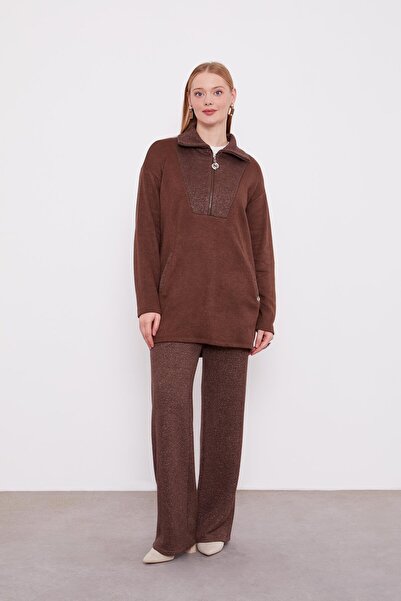 Levidor Coffee Glitter Detailed Cashmere Double Set