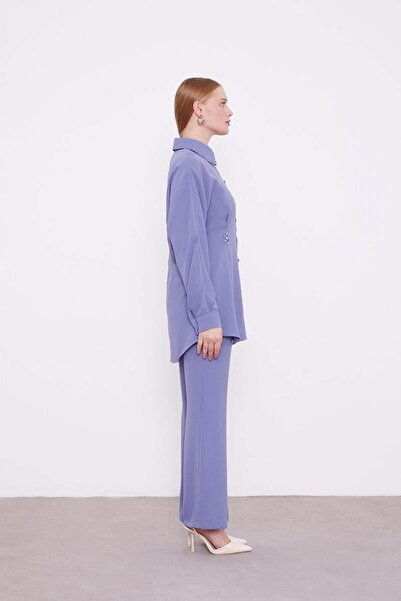 Levidor Blue Stone Crepe Detailed Tunic Suit